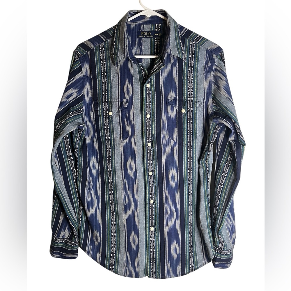 Polo Ralph Lauren Mens Medium Shirt Southwestern Native Indian Aztec Pearl Snap